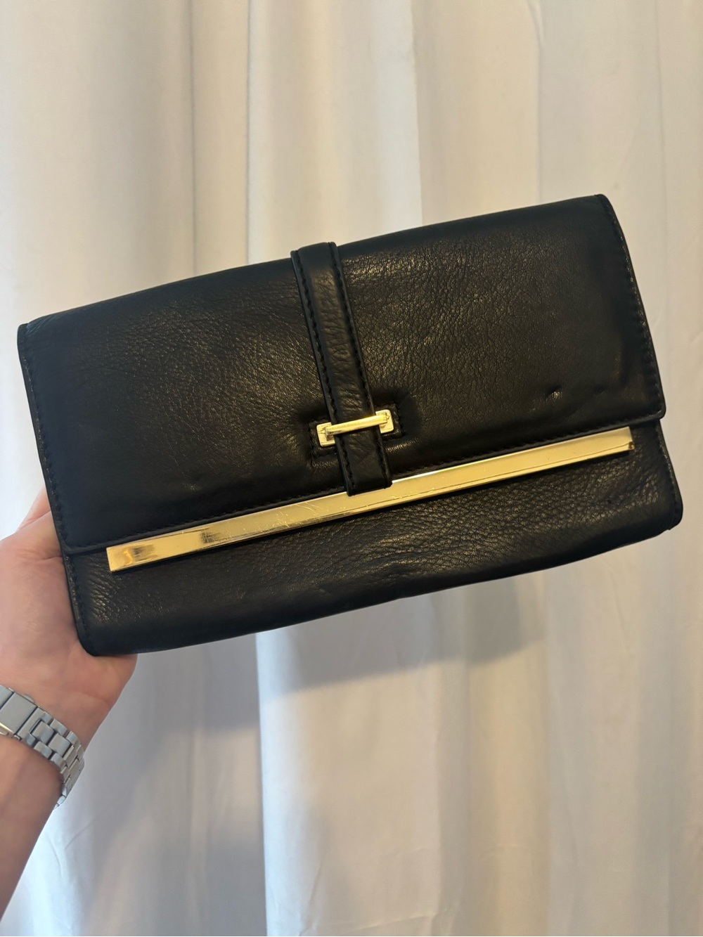 Danier Black Leather Clutch with Gold Accent